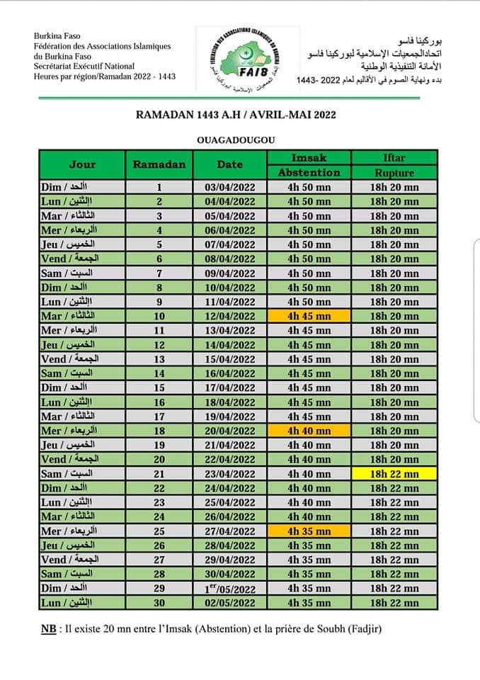 Calendrier Ramadan 2021 - Association Salem