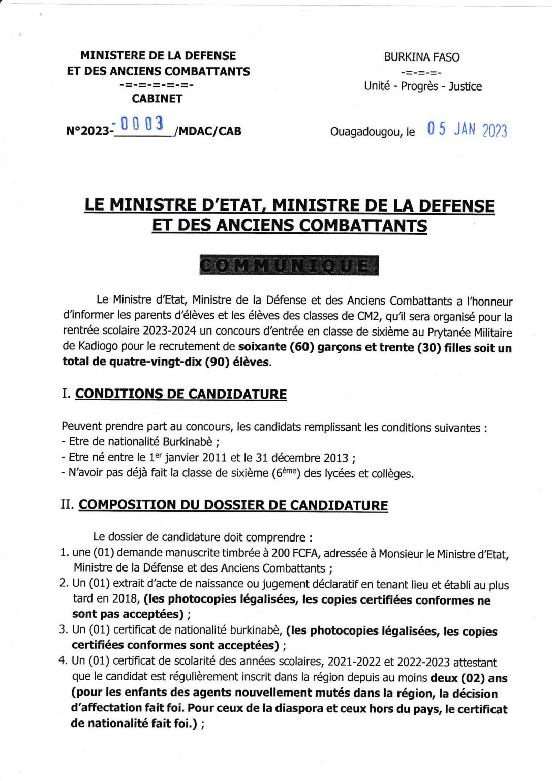 Communiqué ouverture du concours d’entrée au PMK 20232024 Aconews